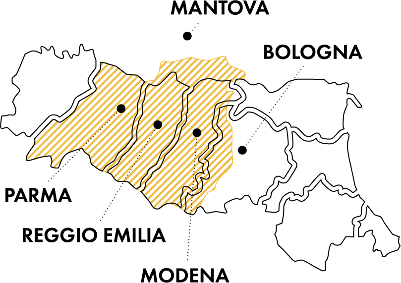 Map of the PDO production area: Parma, Reggio Emilia, Modena, Bologna (west of Reno), Mantova (south of Po)